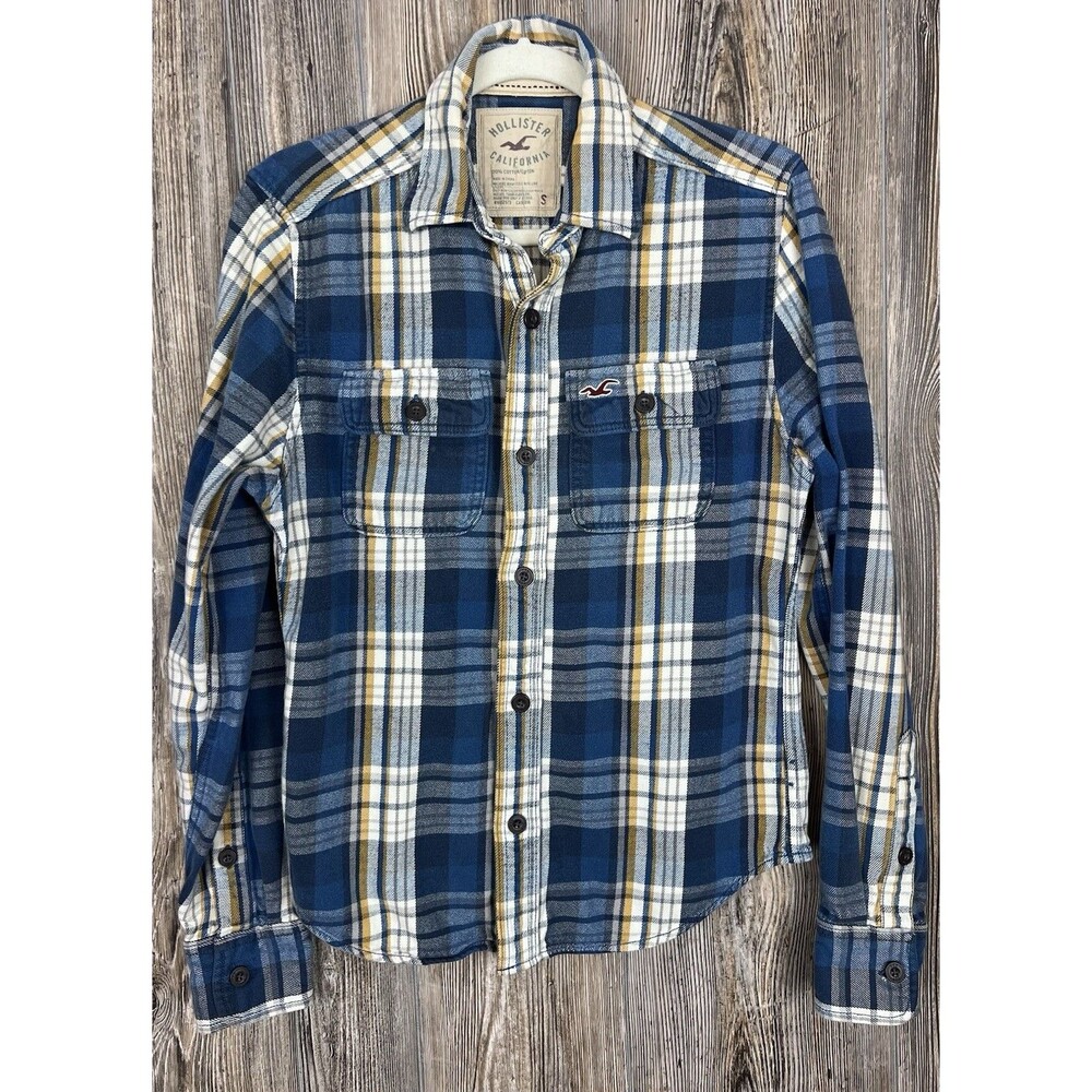 Hollister Blue Plaid Flannel Button Down Long Sleeve Shirt Heavyweight Size‎ S